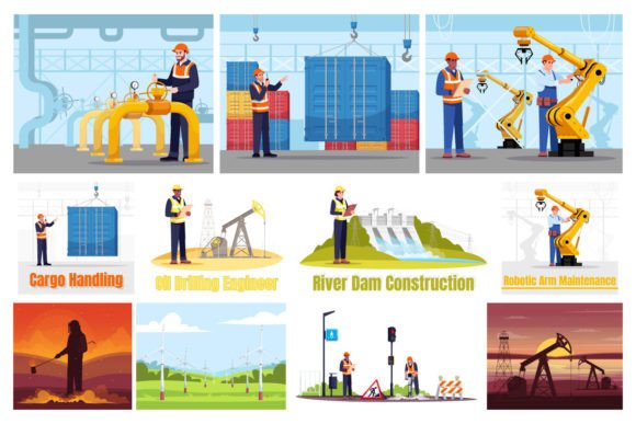Engineers Color Vector Illustration Set for Modern Web Design