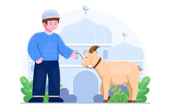 Muslim Man Bring a Goat to Sacrifice Illustration for Branding