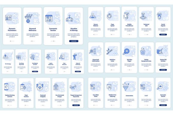 SEO Optimization Mobile App Screen Set for Graphic Templates